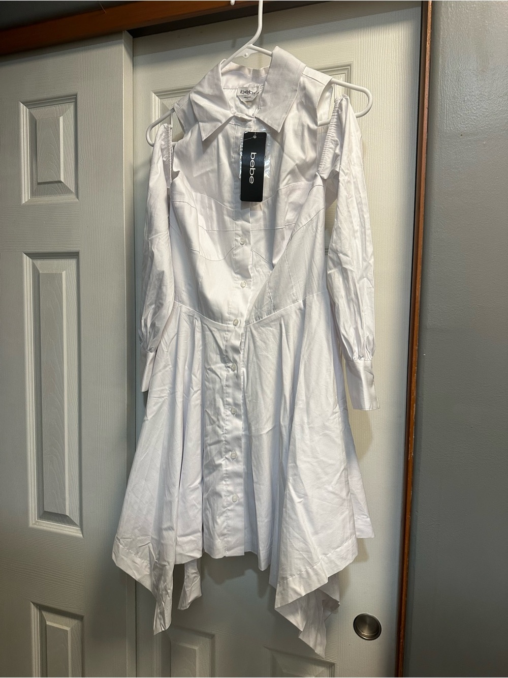 bebe White Asymmetrical Button-Front Shirt Dress